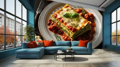 
Evoke the aromas wafting from the zucchini lasagna with the scent of baked cheese, fresh herbs, and the savory notes of the tomato sauce on the traditional plate placed on a dark wooden table Wall mural