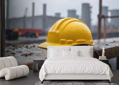 Labor day, yellow construction hard hat covered in raindrops and muddy stains, resting on a metal beam under rainy weather conditions with a blurred industrial background Wall mural