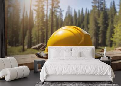 Labor day, yellow hard hat and plaid shirt resting on a wooden surface, with a blurred sunny outdoor background Wall mural