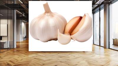 A whole fresh garlic head and clove segment isolated against a white background Wall mural