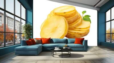 Closeup shot of one whole raw potato and one cut in pieces isolated on white background Wall mural