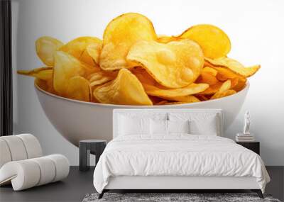 side view of a snack bowl of potato chips party food, crispy nibbles isolated on background.  Wall mural