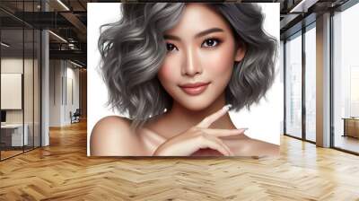 Asian lady fashion her gray wave hair style isolated with Transparent background 3 Wall mural