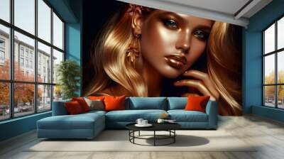 Beauty Fashion Model  Girl With Golden Make Up Hair And Jewelry Gold Glowing Skin Metallic Glance 19 Wall mural