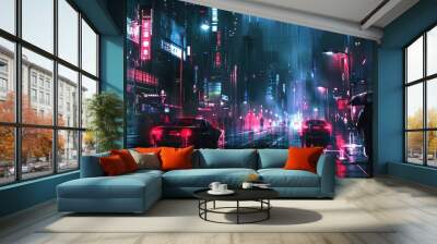 Cyberpunk streets illustration, futuristic city, dystoptic artwork at night, 4k wallpaper. Rain foggy, moody empty future Wall mural