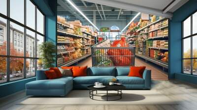 Supermarket grocery shopping cart blurred background ai generated image Wall mural