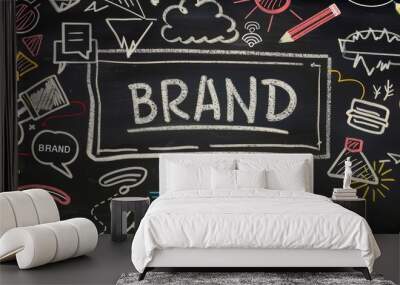 A blackboard with the words BRAND and various icons representing marketing, advertising, logo design, brand value creation, and digital media marketing. Wall mural