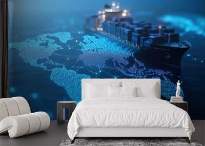 A cargo ship in the background with a global map made of glowing connections, representing container cargo transportation and logistics Wall mural