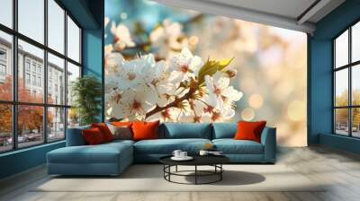 a fresh spring blue sunny sky background with blurred warm sunny glow. Wall mural