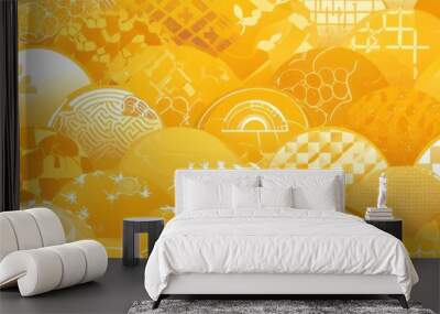 A yellow background with Japanese patterns and a checkered pattern. traditional geometric designs, squares, circles, triangles in a seamless repeating pattern. Wall mural