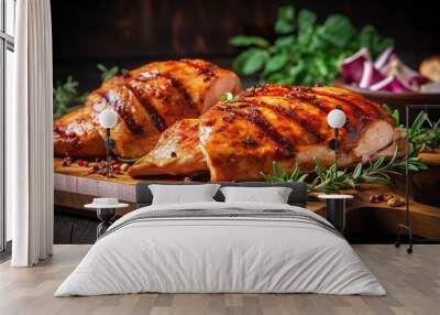 Closeup of tasty roast chicken breast served on wooden board. Grilled chicken. Wall mural