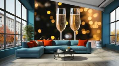 Glasses with champagne on the background of Christmas decorations. Wall mural