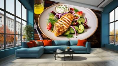 Seared chicken breast and Greek salad on a wooden table. Wall mural