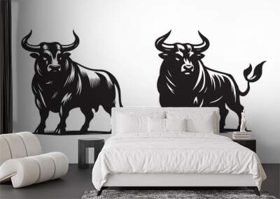 bull set black silhouette vector illustration white background - Generative AI Wall mural