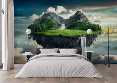 Flying land with beautiful landscape, green grass and waterfalls mountains - Generative AI Wall mural