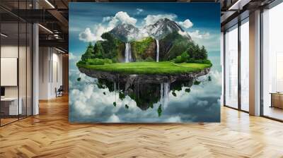 Flying land with beautiful landscape, green grass and waterfalls mountains. 3d illustration of floating forest island isolated with clouds - Generative AI Wall mural