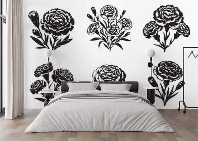 line art of a carnation flowers set silhouette pattern - Generative AI Wall mural