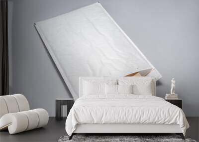 Brown cardboard box packed in white bubble envelopes on grey background Wall mural