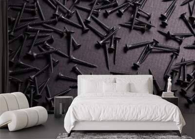 Metal, Stainless Steel Self Tapping Screws on black wooden background Wall mural