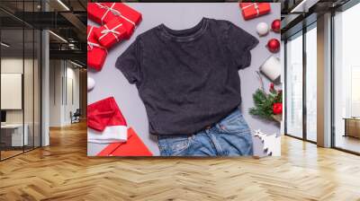 Shabby Black Tshirt Flat Lay Mockup, Christmas ornaments and decor Wall mural