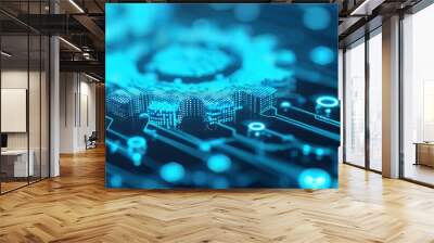 Two gears with digital blue holographic effect on digital circuit background Wall mural