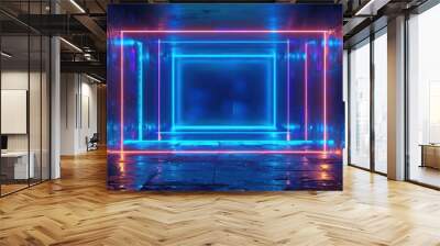 Blue neon laser squares abstract technology background. Abstract geometric neon lights background Wall mural