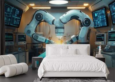 Robotic surgery, modern methods of treatment. Surgery room with robotic surgery, Technology in Medicine - robotic arms in surgery. Wall mural