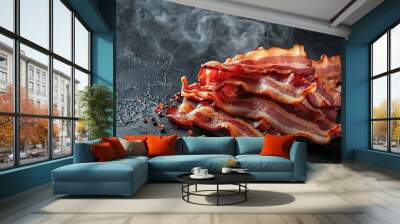 Smoked bacon on the grill, Crispy bacon slices, rustic food concept. Close up Wall mural