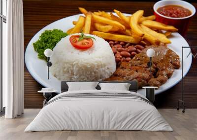 Rice, beans, French fries, and meat. Wall mural