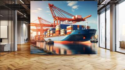 Container truck in ship port for business Logistics and transportation of Container Cargo ship Wall mural