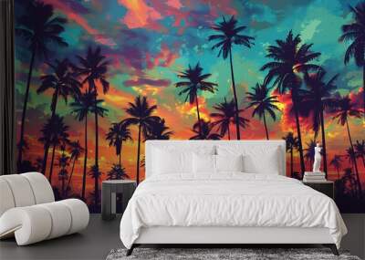 Silhouette Coconut Palm Trees On Beach At Sunset Wall mural