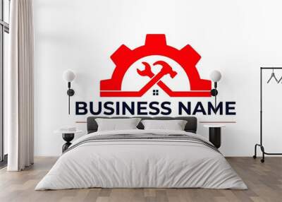 home repair logo with gear hammer and wrench , roofing, remodeling, handyman, home renovation, decor logo	 Wall mural