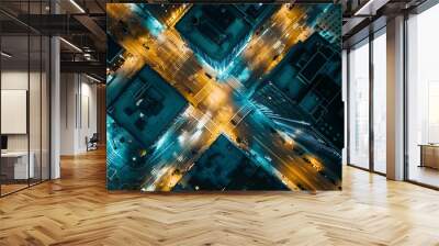 Aerial view of night city street lights Wall mural