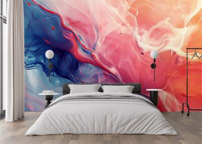 Beautiful abstraction of blue and purple liquid paints in slow blending flow mixing together Wall mural