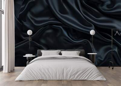 Black silk satin surface background. Creases in fabric, Dark elegant background Wall mural