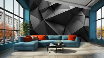 Black white dark gray silver abstract pattern background. Line triangle angle fold 3D polygon Wall mural