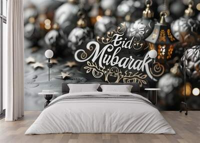 Eid mubarak text with golden decoration on white background Wall mural