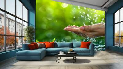 Human hand with fresh water splash on green nature background. Ecology concept Wall mural