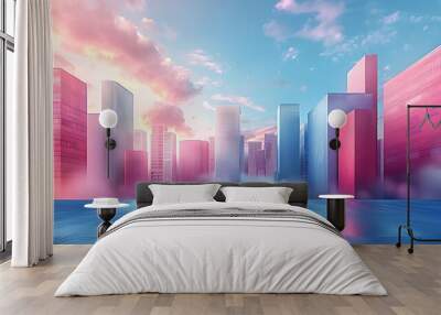 Pink and blue painted building wall with stairs and two windows, abstract background Wall mural