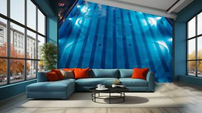 Swimming pool at night with blue light and reflection in water. Wall mural