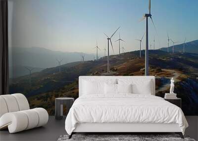 Wind turbines generate electricity. Windmill farm on mountain, Wind energy Wall mural