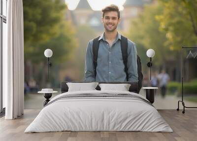 A Portrait of a male college student in shirt and jeans at campus looking at camera Wall mural