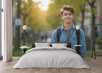 A Portrait of a male college student in shirt and jeans at campus looking at camera Wall mural