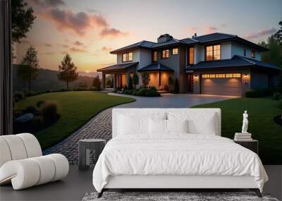 At Evening dusk sunset, cobblestone in  driveway lush green grass lawn meadow with beautiful landscape, a luxury house and garage building modern architecture. Concept of real estate property Wall mural