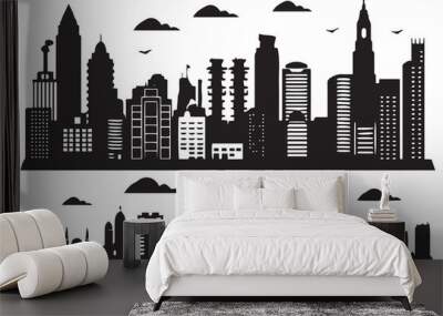 City silhouette, Silhouette of city with black color on white background Wall mural