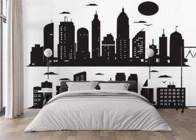 set of City silhouette in flat style. Modern urban landscape. Vector illustration. City skyscrapers building office skyline on white background Wall mural