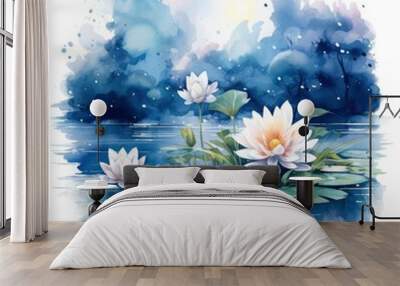 Floral Moon and Water Lilies on a white background. Wall mural