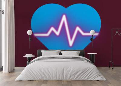 Heartbeat. Electrocardiogram Cardiogram cardiograph oscilloscope screen blue illustration background. Emergency ekg monitoring. Blue glowing neon heart pulse.  Wall mural