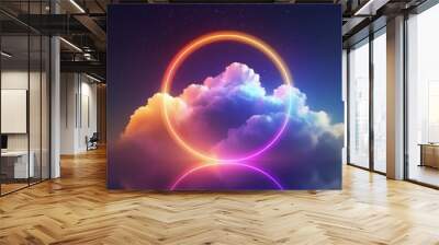 3d render, abstract cloud illuminated with neon light ring on dark night sky. Glowing geometric shape, round frame Wall mural