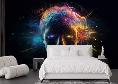 Artificial intelligence, a humanoid cyber human with a neural network thinks. AI concept of big data or cyber security. Chat GPT concept. AI with a digital brain processes big data. Generative AI Wall mural